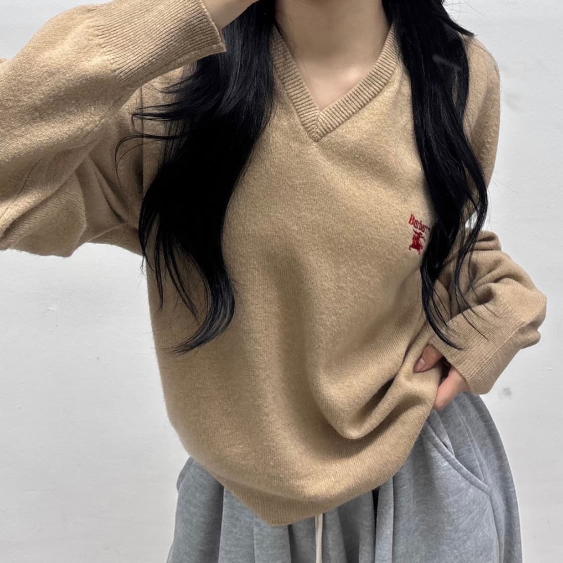 버버리 베이지 램스울 브이넥 니트 90-00s (택배비포함) 상품이미지1