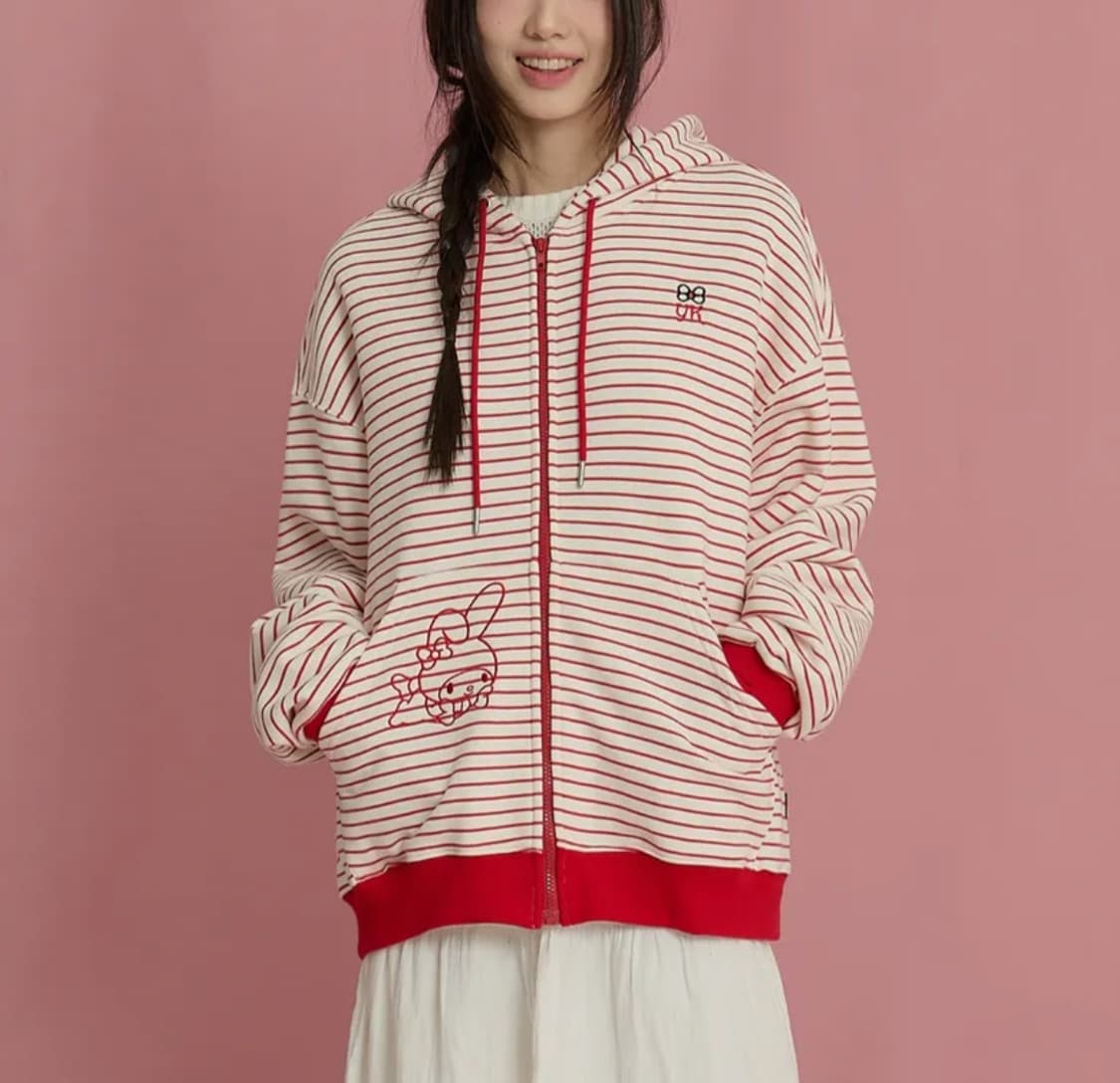 와이케이 마이멜로디 스트라이프 후드 집업 레드 상품이미지1