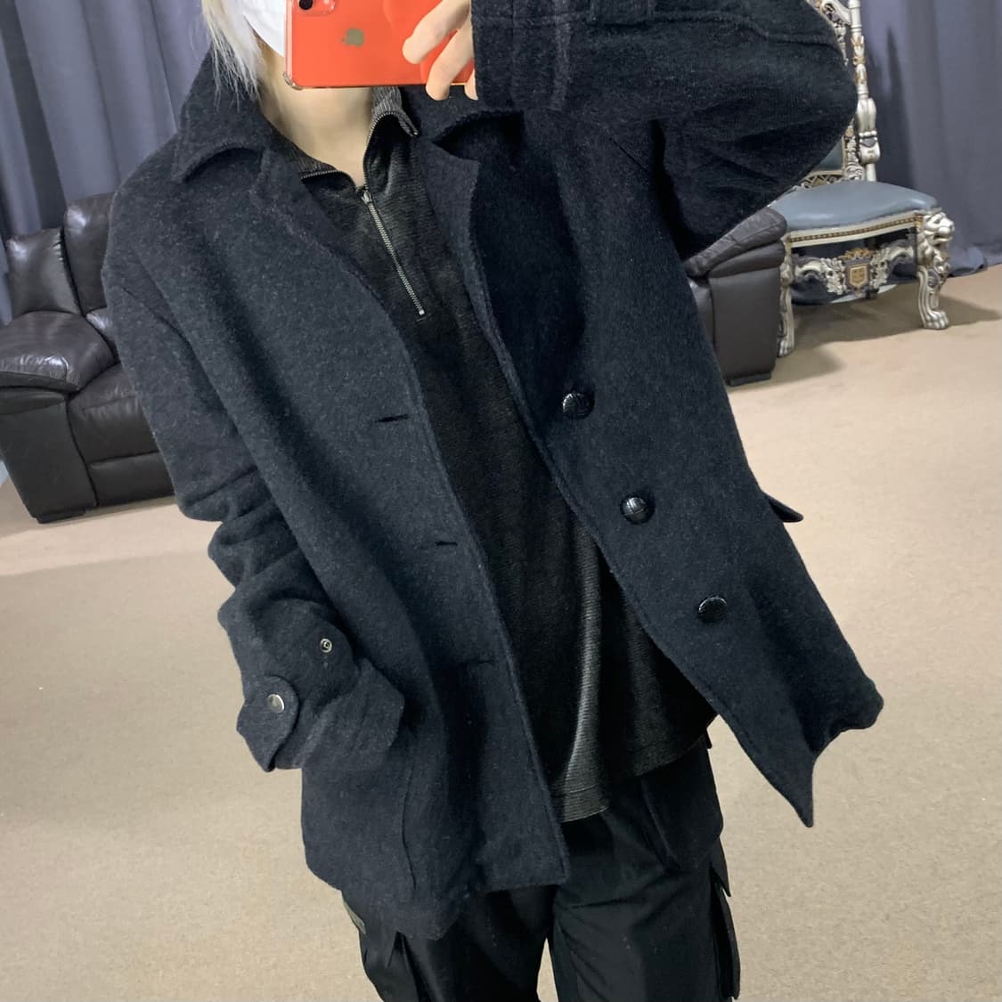 아비렉스 버튼 블레이저 카라 모직 숏코트 차콜 남성 L 여성 루즈핏 상품이미지2