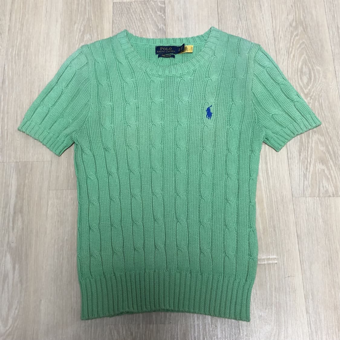(우먼스 S) 폴로 랄프로렌 POLO 피마 코튼 케이블 반팔 니트 그린 상품이미지1
