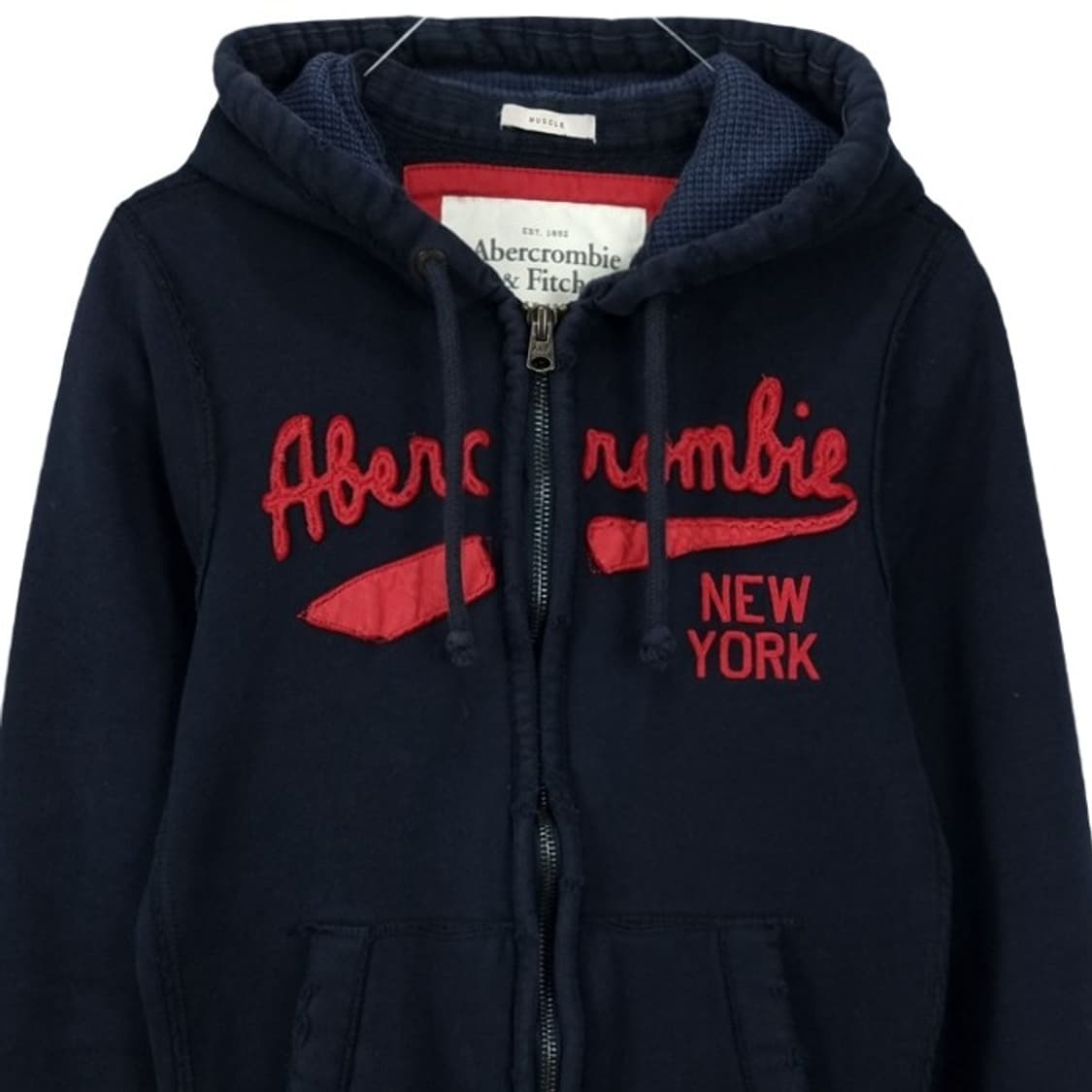 [아베크롬비] Y2K 빈티지 로고 패치 후드 집업 다크네이비 M19663 상품이미지4