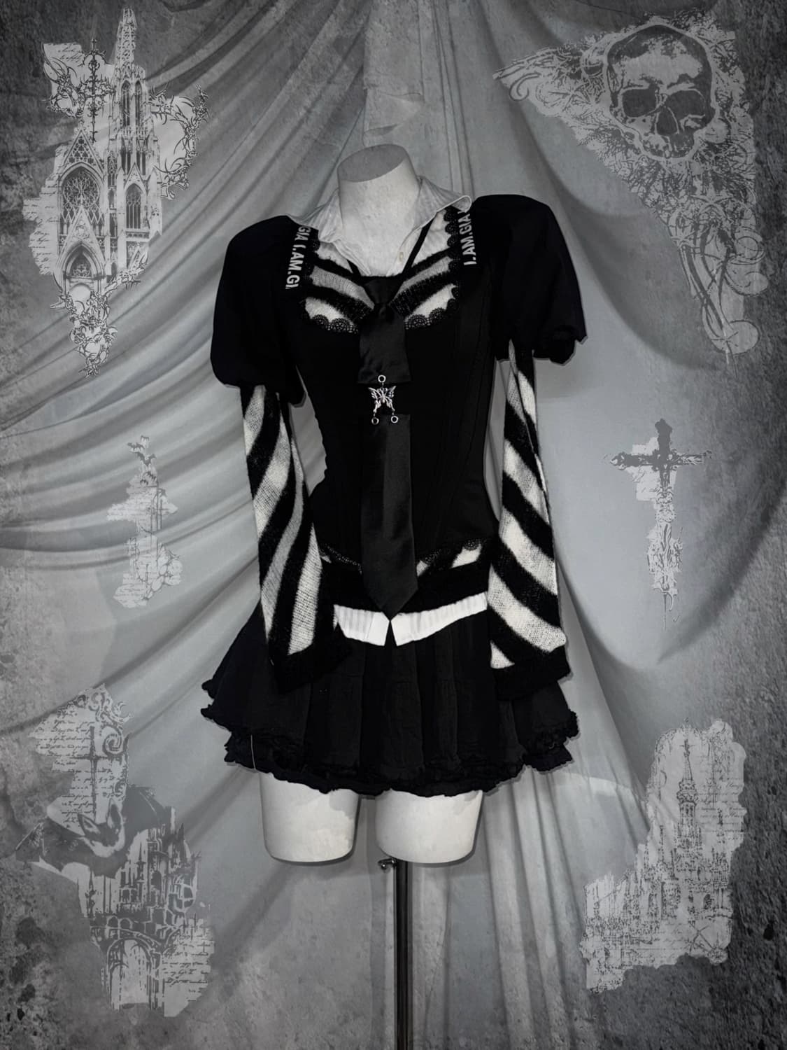 무채색 스트라이프 쇼콜라깔 아일렛 코르셋코디세트 상품이미지1