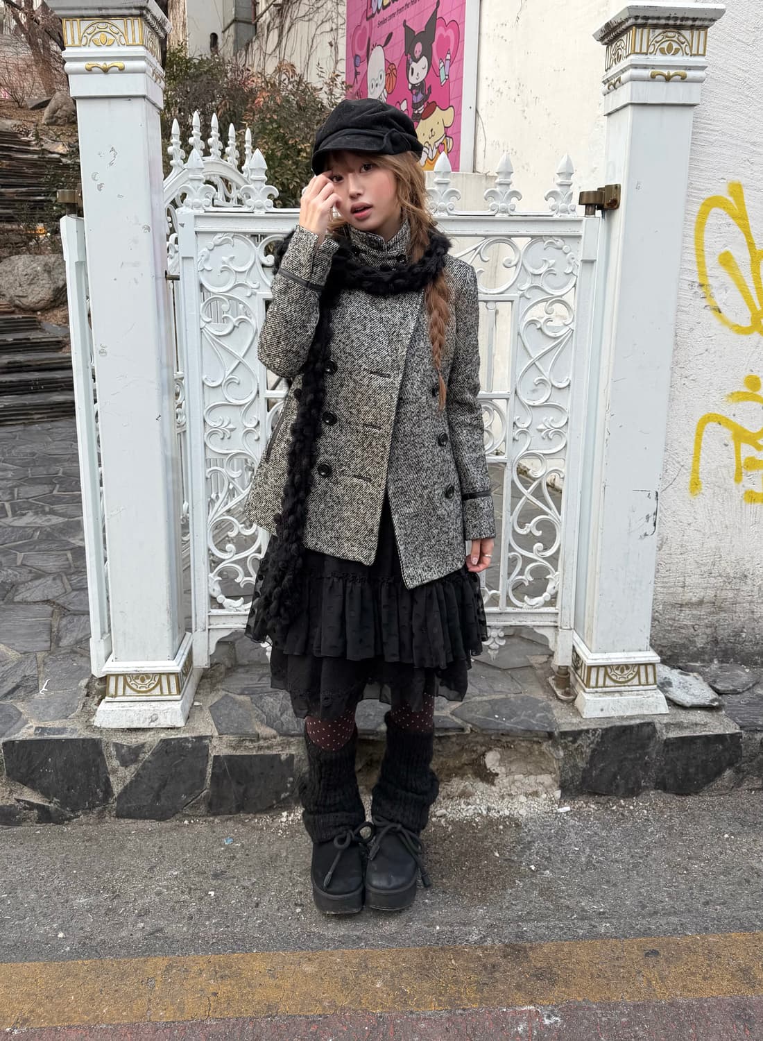 엑시즈팜 무채색 니혼진 하이넥 더블코트 도트 코디세트 상품이미지1