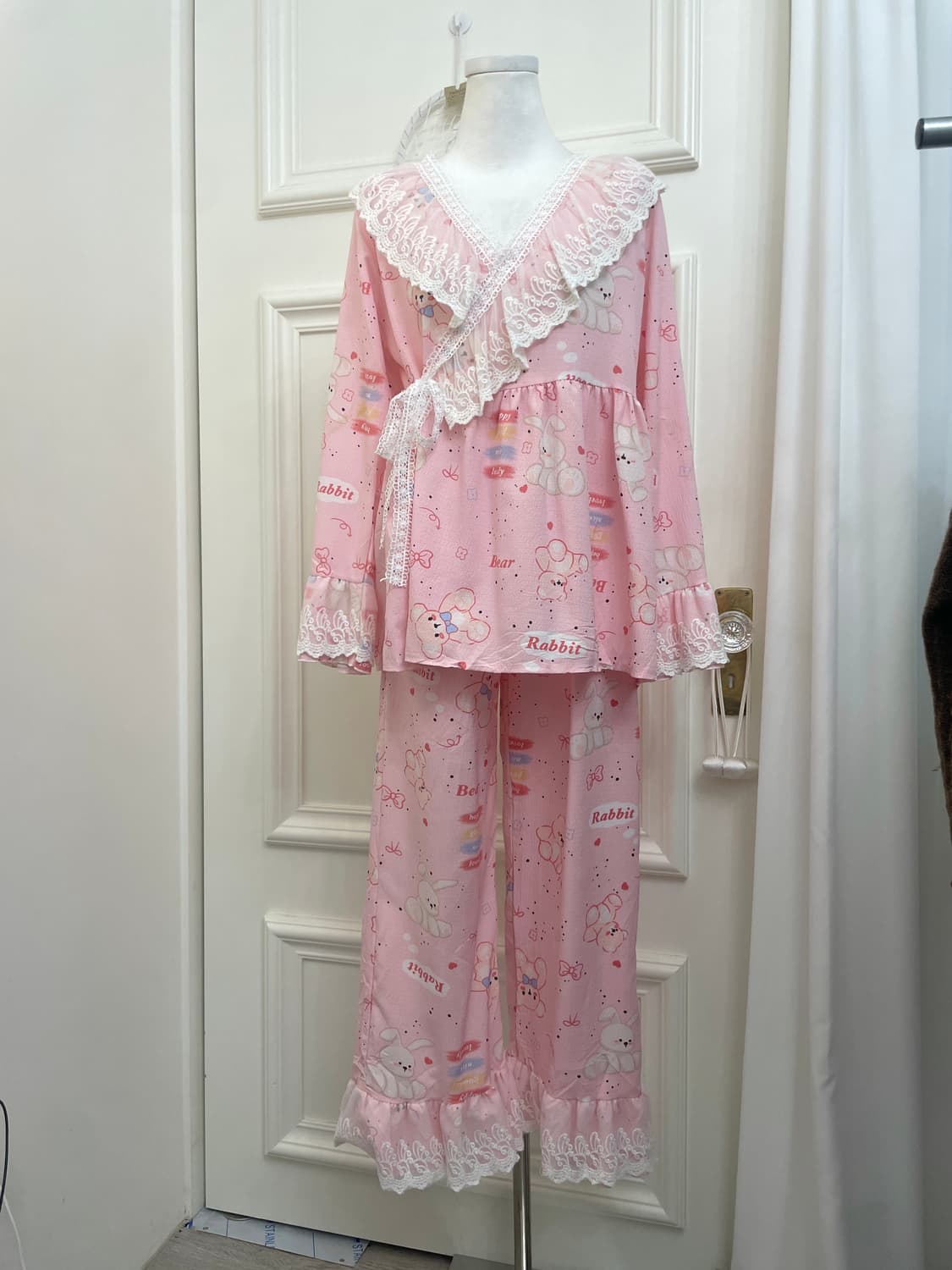 pink lace point bear print pajama set 상품이미지1