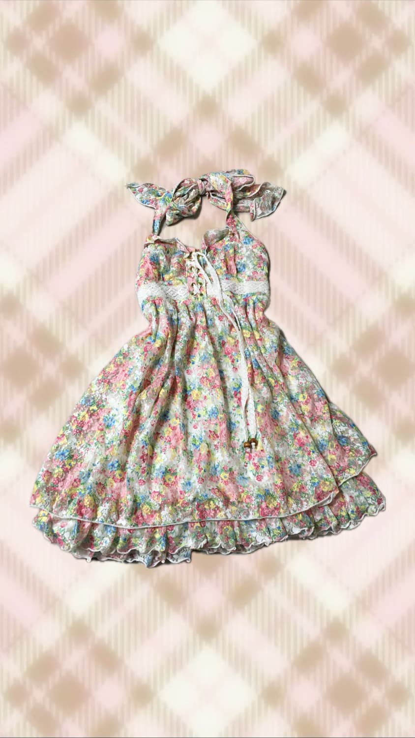 리즈리사 플로럴 리본 홀터 원피스 라떼 히메 갸루 러블리 로걀 빈티지 상품이미지1