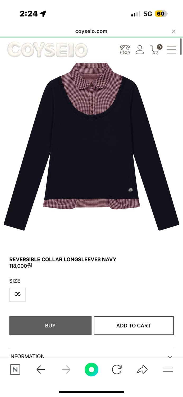 새제품) 코이세이오 리버시블 카라 롱슬리브 네이비 상품이미지1