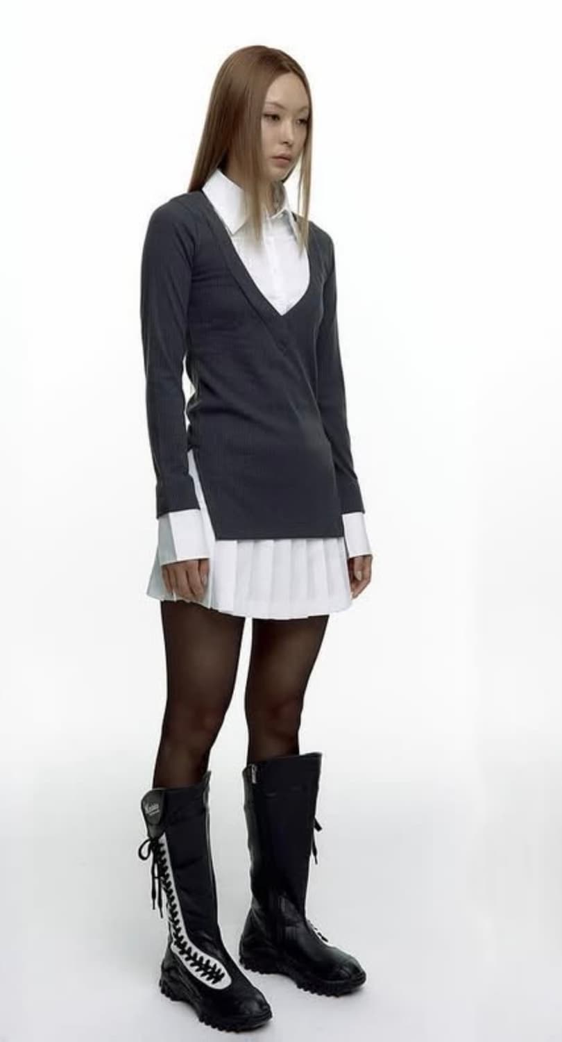 카시코 셔츠레이어드 니트스커트세트 m 차콜 상품이미지3