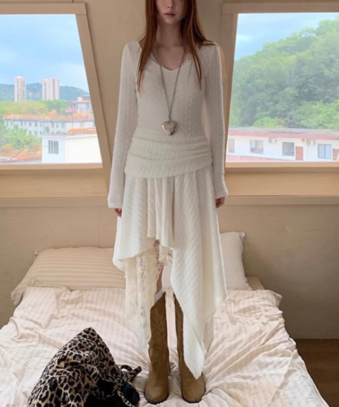 언발 브이 셔링 레이어드 롱 원피스 상품이미지4