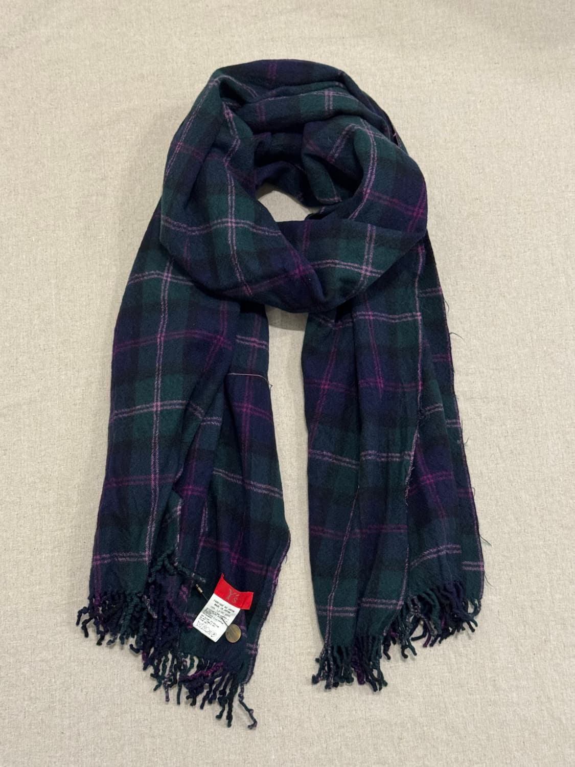 요지야마모토 러플 체크그린 울 머플러 상품이미지1