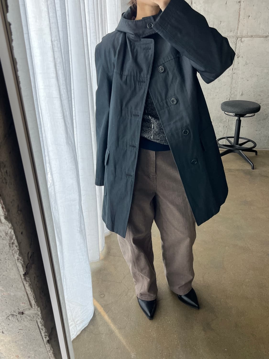 Mitumine 코튼 후드 미디 자켓 다크그레이 상품이미지3