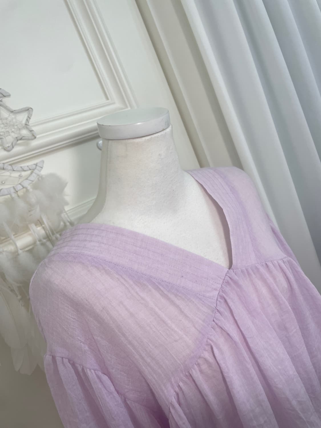 pink lavender cotton v-neck shirring ove 상품이미지6