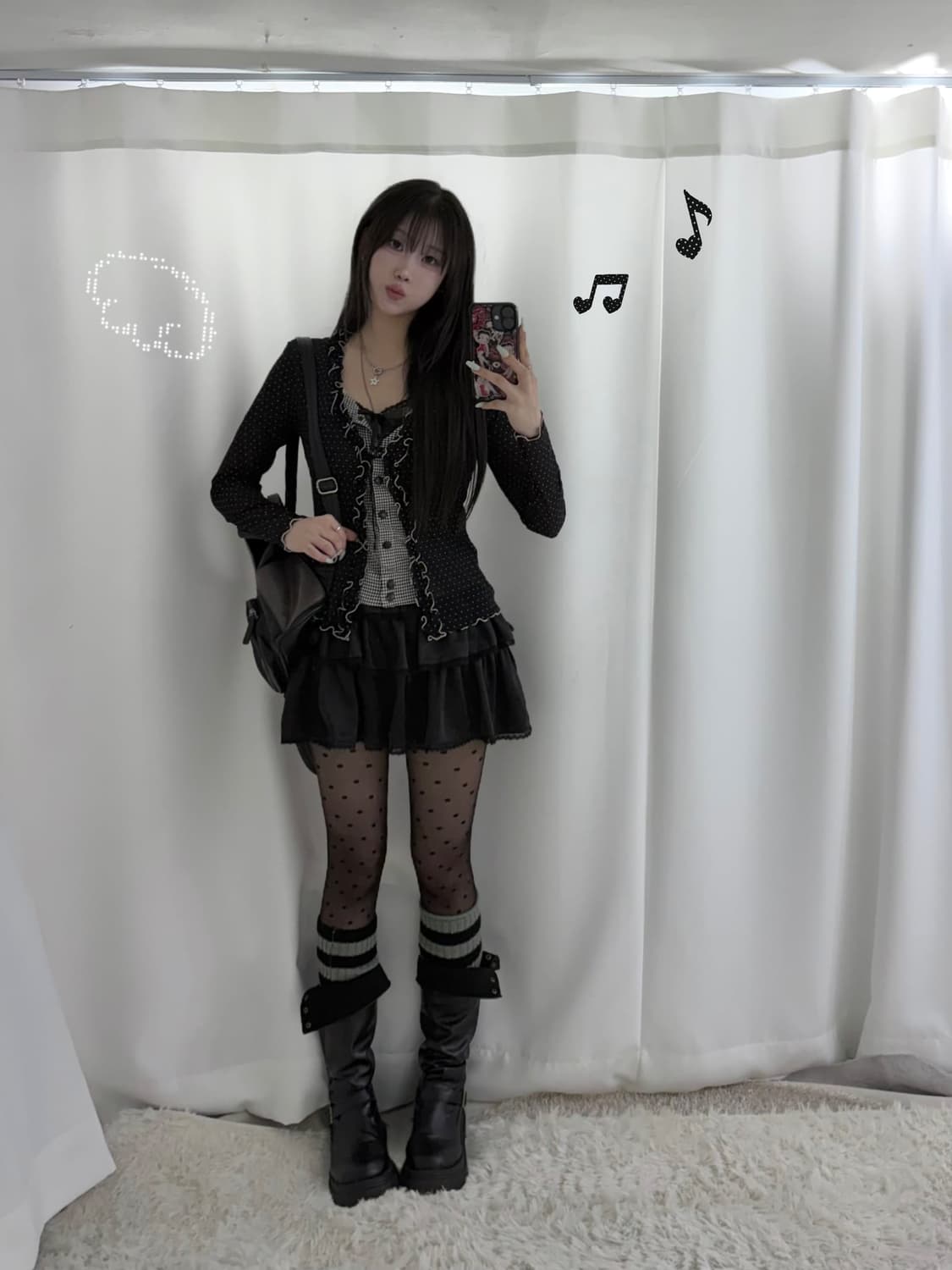무채색 체크 프릴 니혼진 도쿄걸 오픈숄더 코디세트  상품이미지1