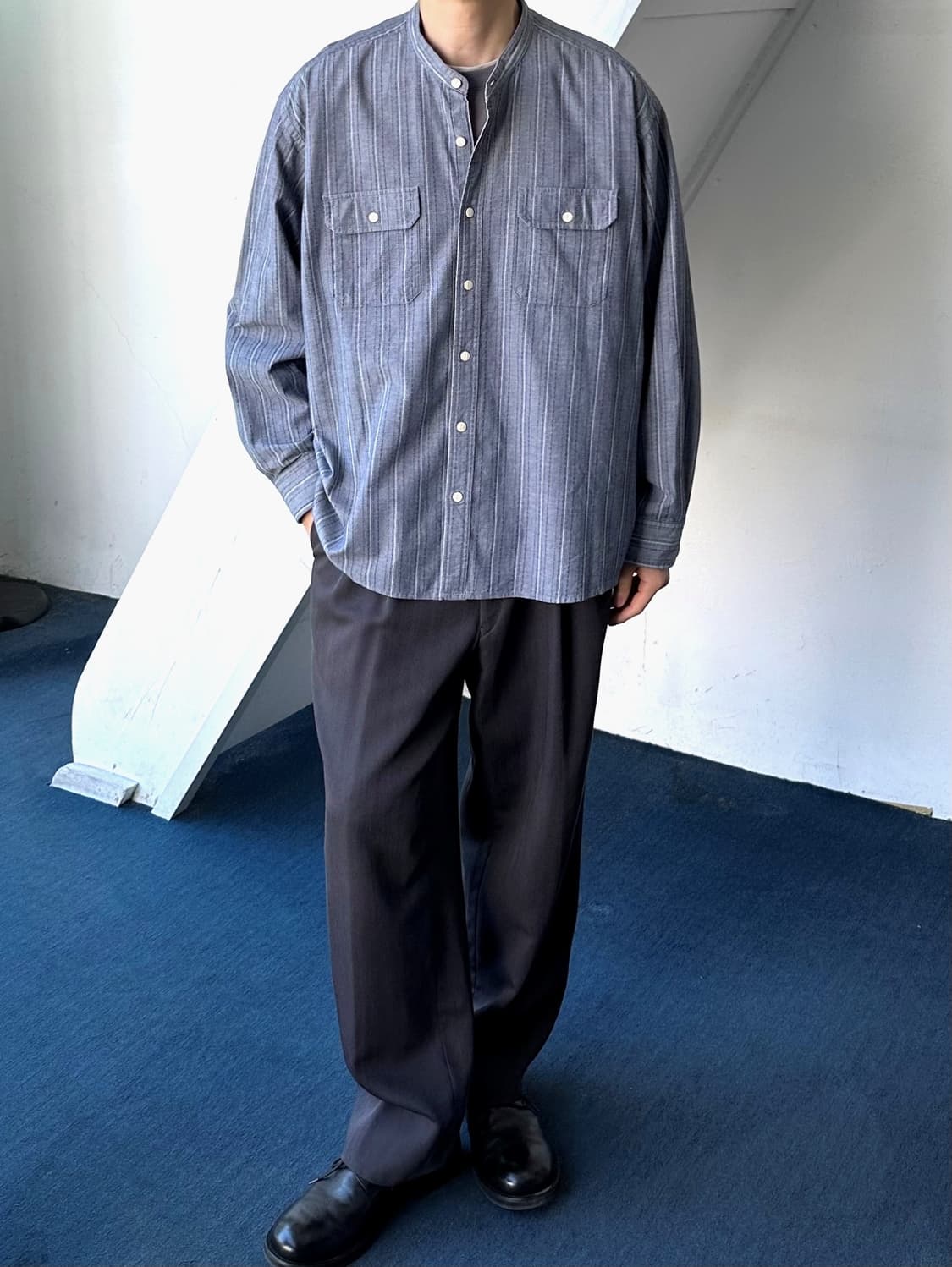 Jacquard stitch cotton stand collar shir 상품이미지7