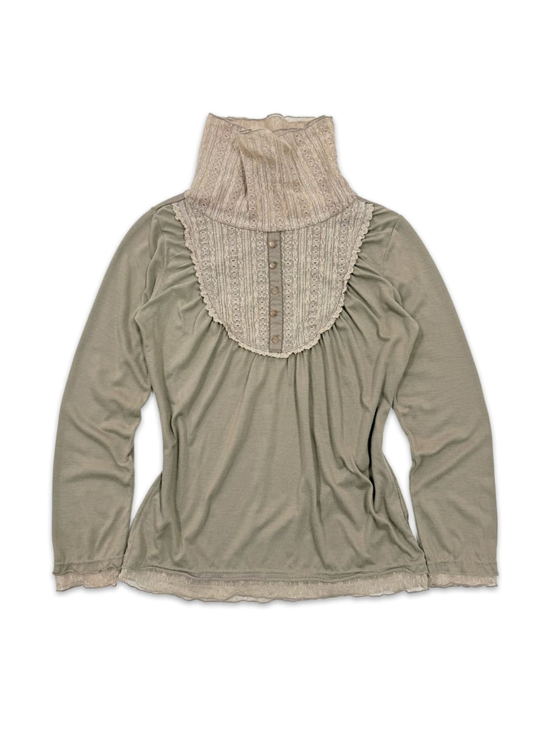 빈티지 베이지 카키 레이스 레이어드 긴팔티 상품이미지1