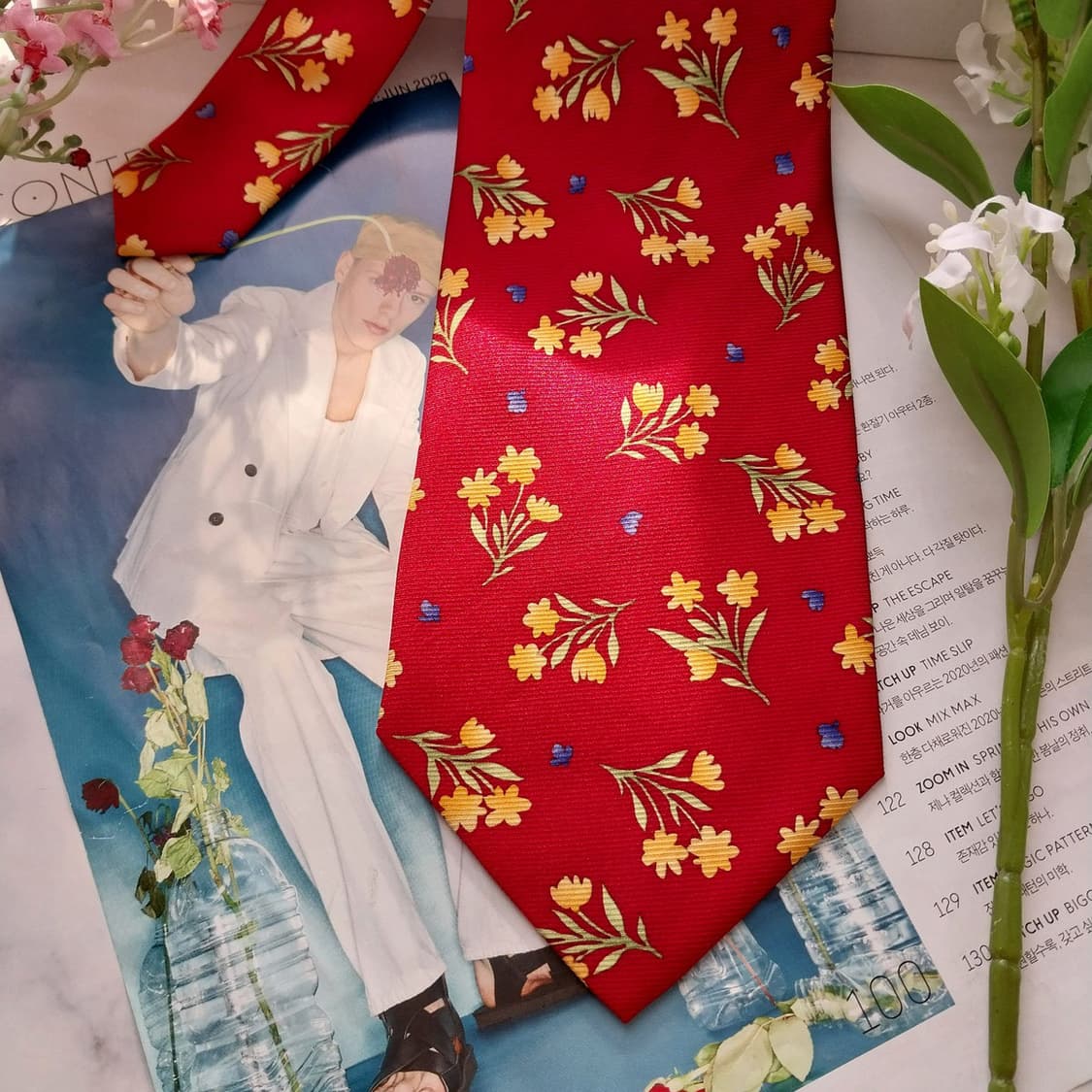 발망 실크 레드 플로럴 모티브 넥타이 9.9cm A+등급 K1604
 상품이미지5