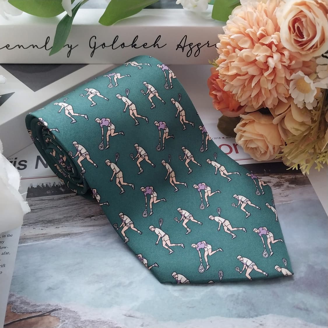 보포트 실크 그린 테니스 모티브 패턴 넥타이 9.7cm A등급 K1792 상품이미지2