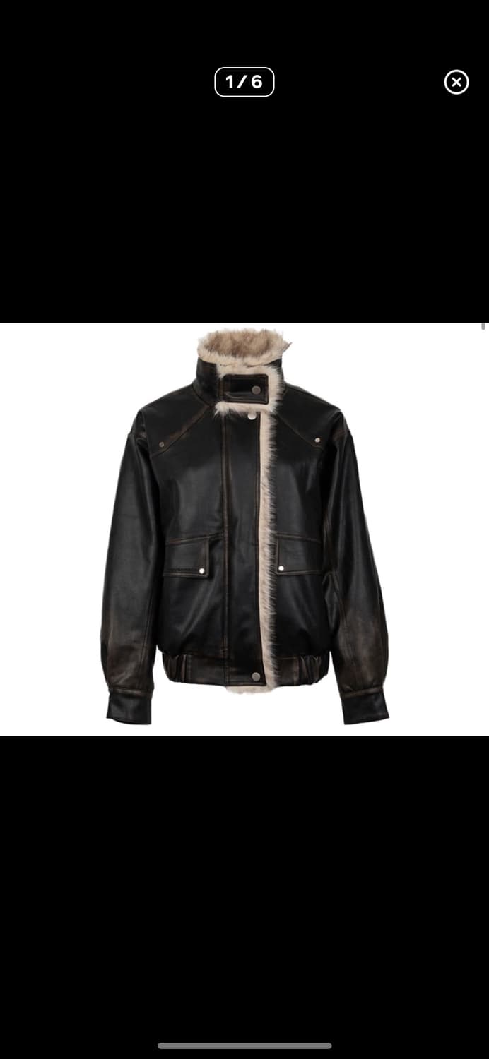 러프넥 워싱 레더 무스탕 자켓 블랙 상품이미지2