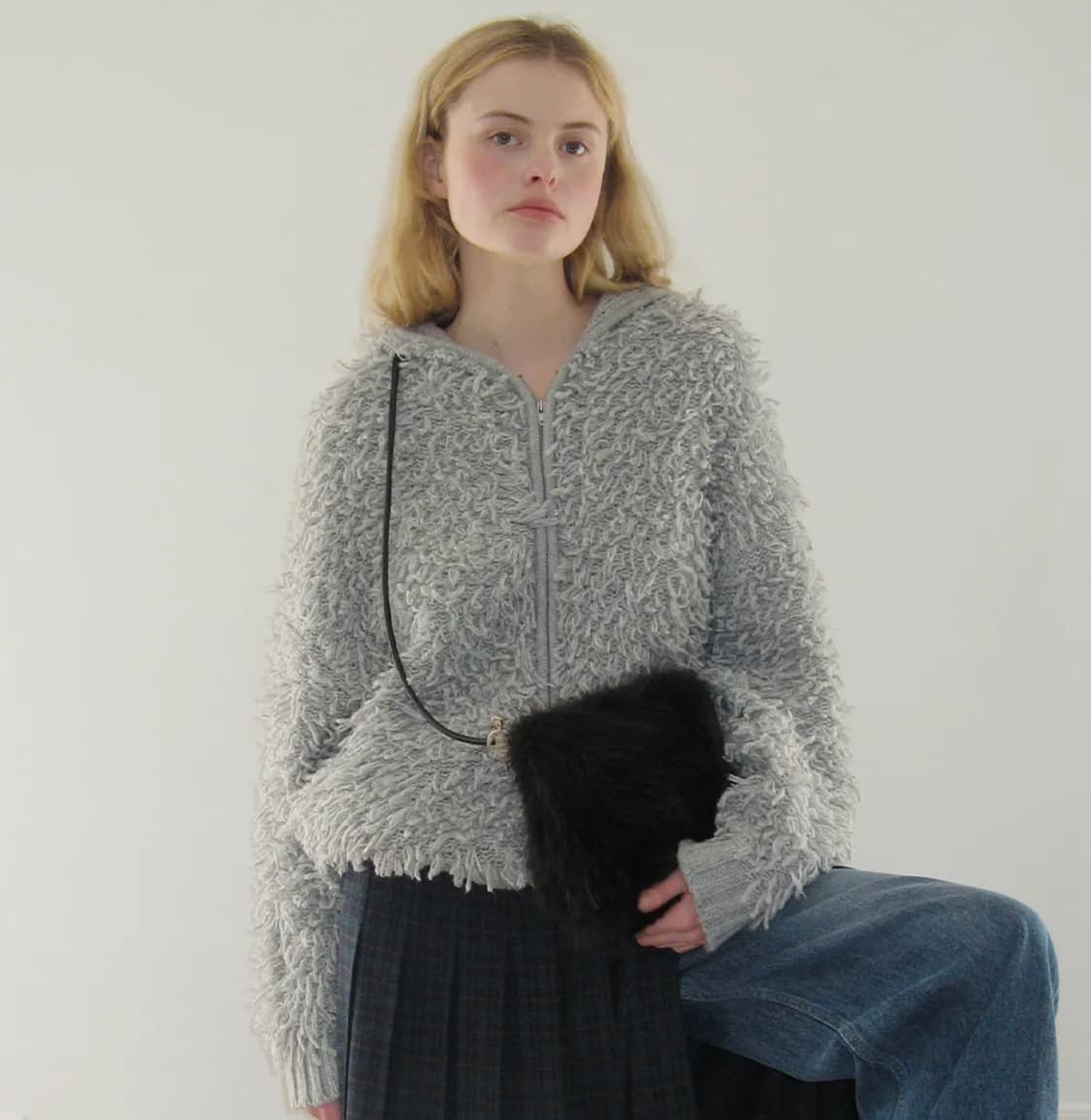 시눈 프린지 후드 니트 집업 (멜란지 그레이) 상품이미지1