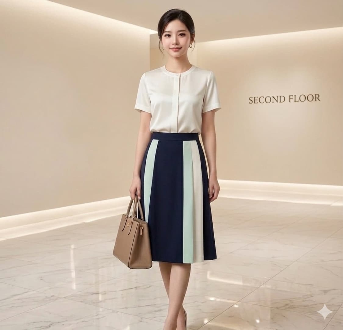 🌸봄 출근룩 | 세컨플로어 H라인 배색 미디 스커트 66 | 날씬핏 · 상품이미지1