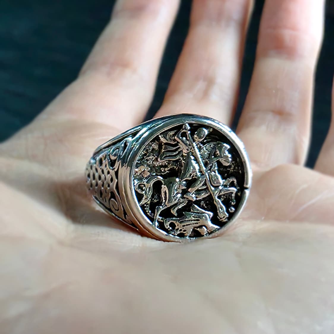 Georgius 백동 남자 엔틱 빈티지 명품 메달 용 기사 반지 상품이미지5