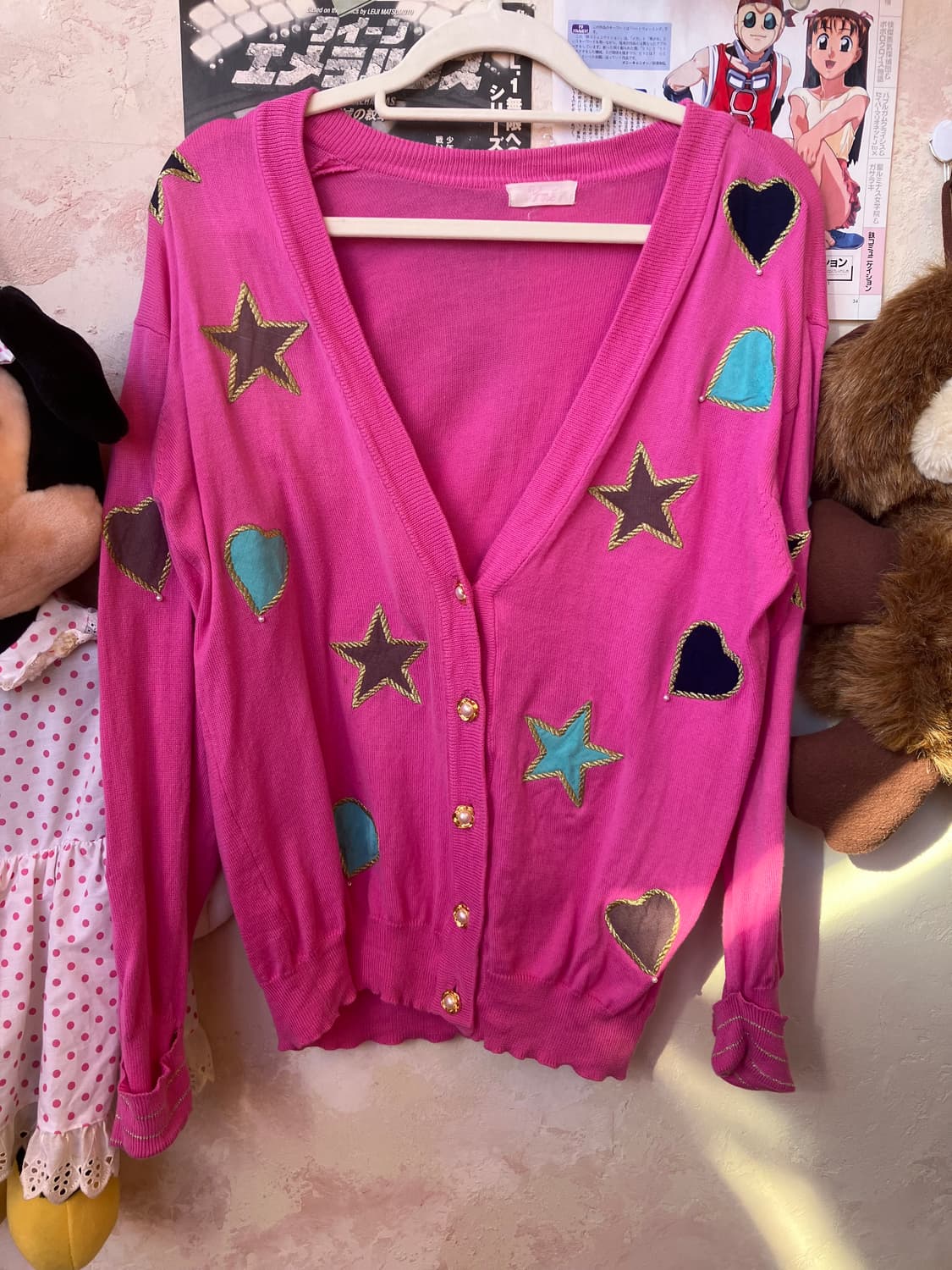 jpn 핫핑크 하트 별 데코 가디건 상품이미지2