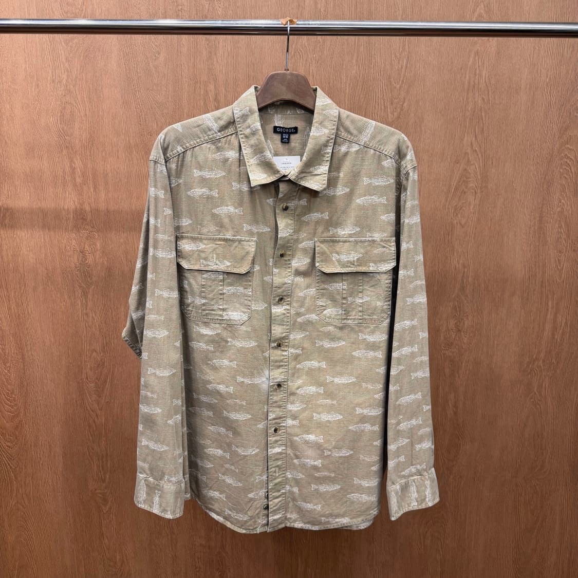 빈티지 코튼 긴팔 셔츠 워싱 피쉬 패턴 프린트 플랩 포켓 디테일 베이지 상품이미지2