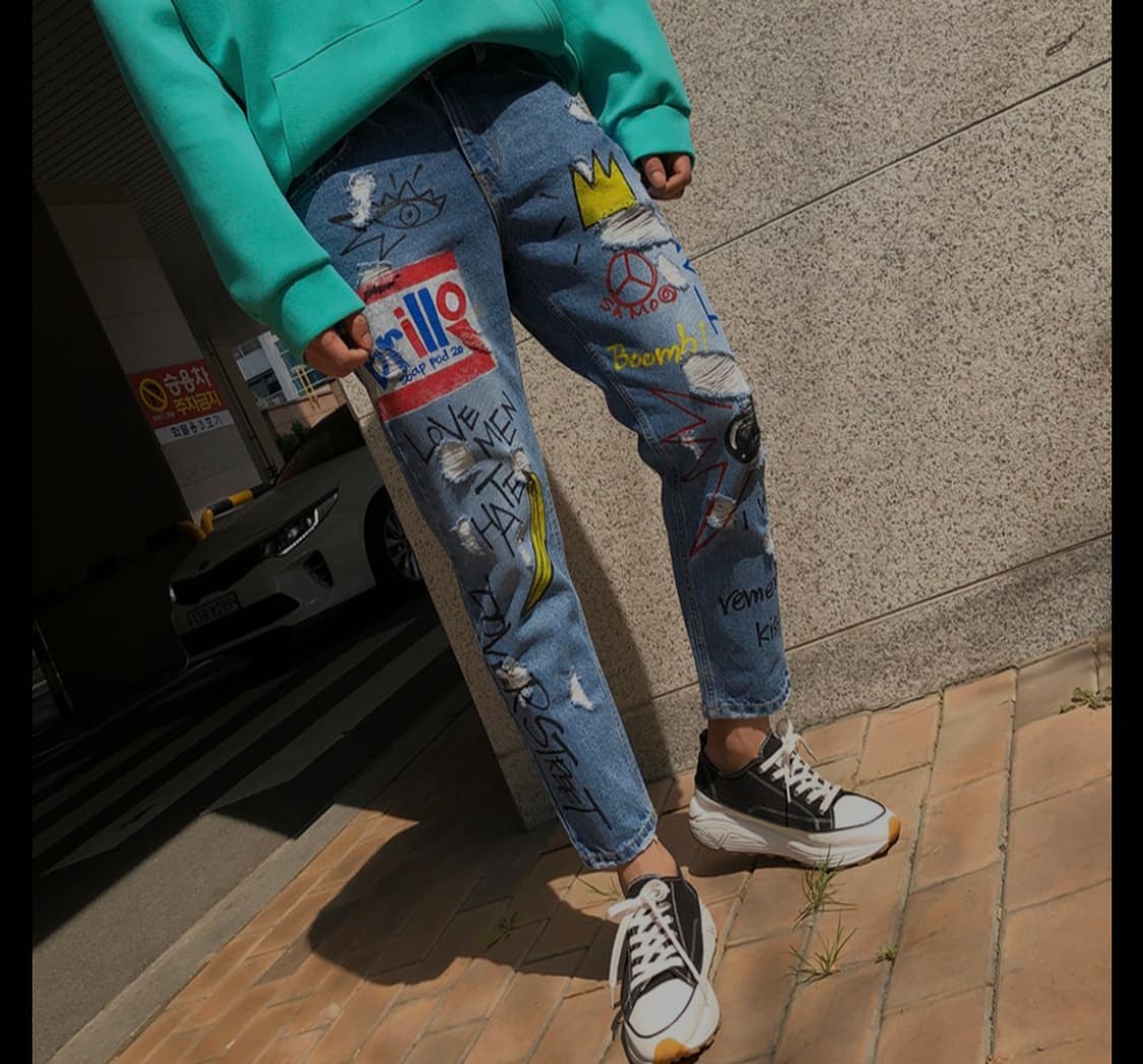 유니크한 그래피티 데님 팬츠 (바스키아 느낌!) 상품이미지4