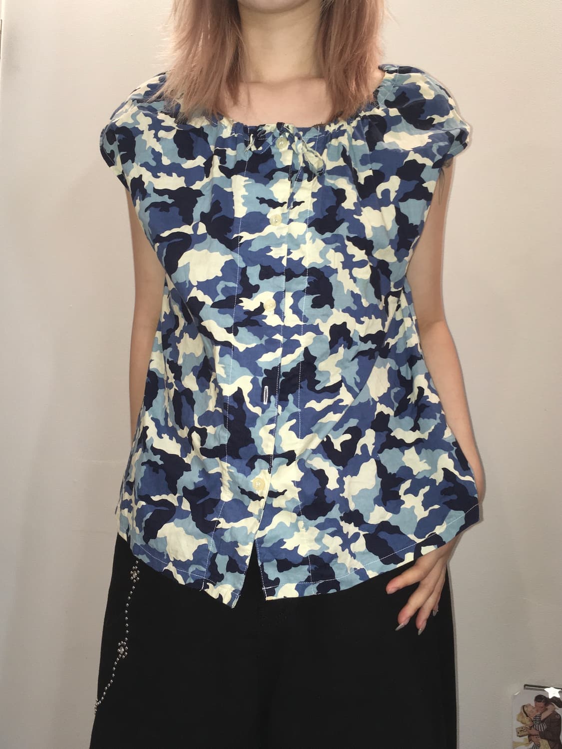 jpn vintage blue camo off shoulder blous 상품이미지1