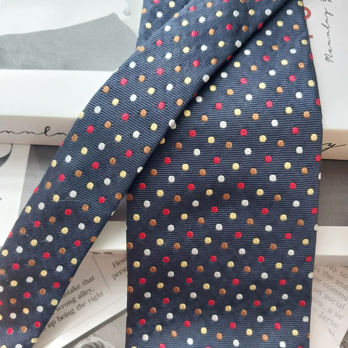 아쿠아스큐텀 실크 네이비 도트 패턴 넥타이 9.7cm A등급 K2572 상품이미지3