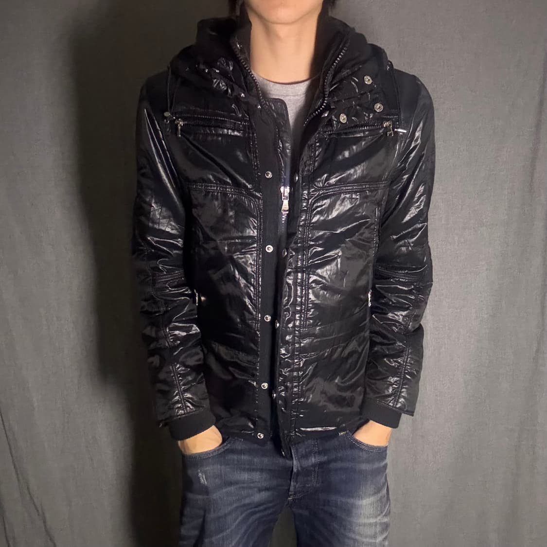 블랙 유광 후드 패딩 점퍼 상품이미지1