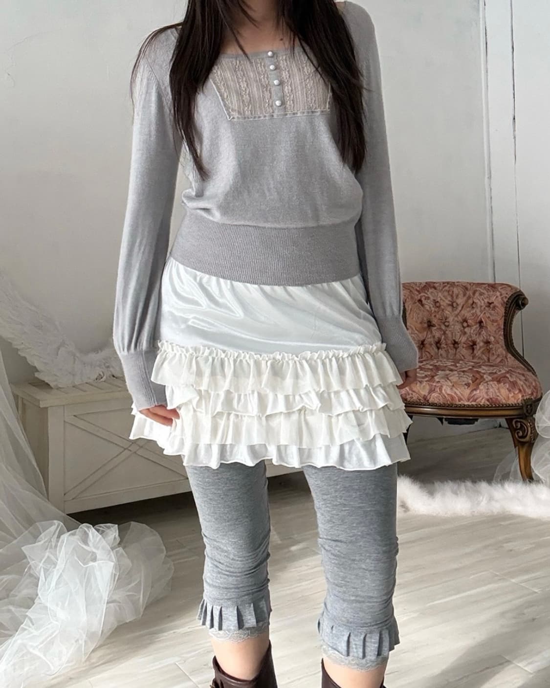 White frilled skirt and leggings set  상품이미지4