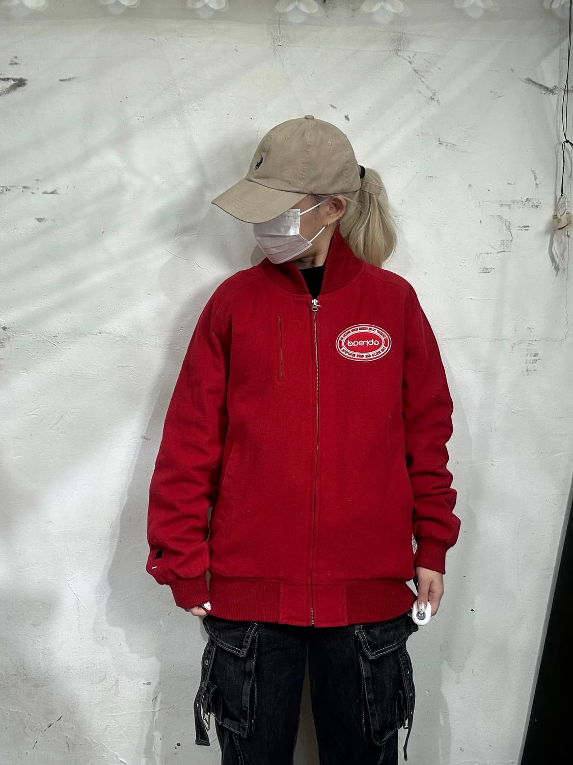 일본 빈티지 레드 모직 자수 바시티 자켓 L 상품이미지2