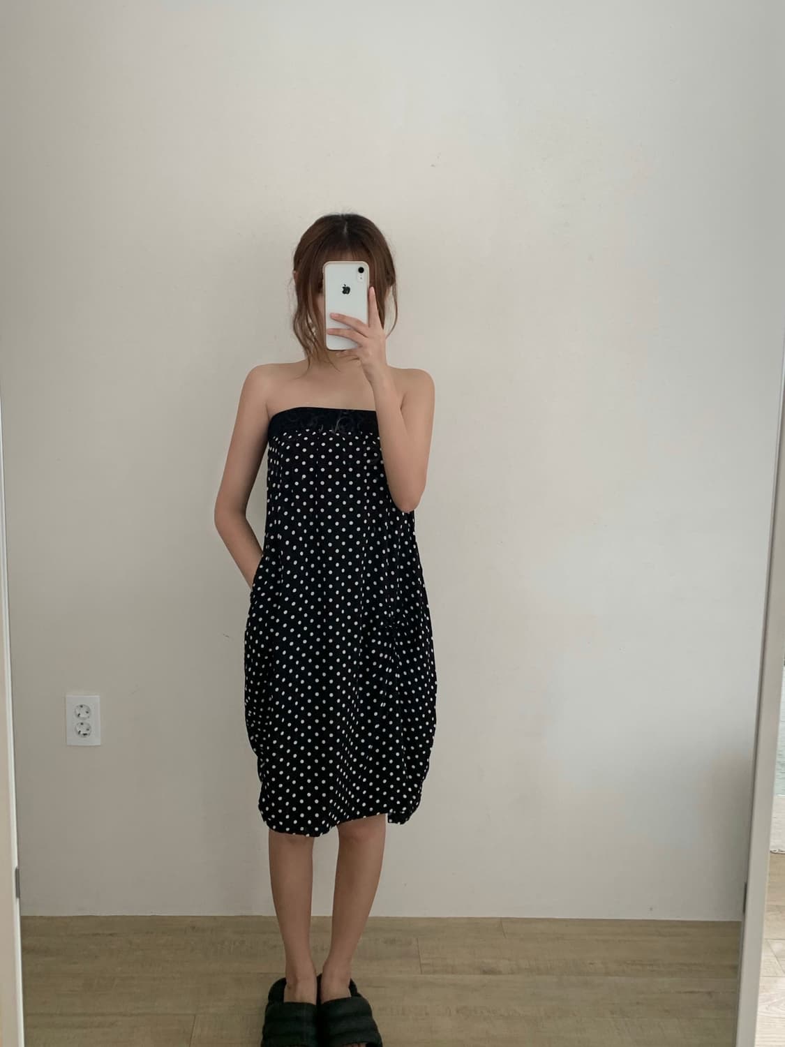 모리걸 히메갸루 블랙 땡땡이 도트 리본 튜브탑 원피스 상품이미지1