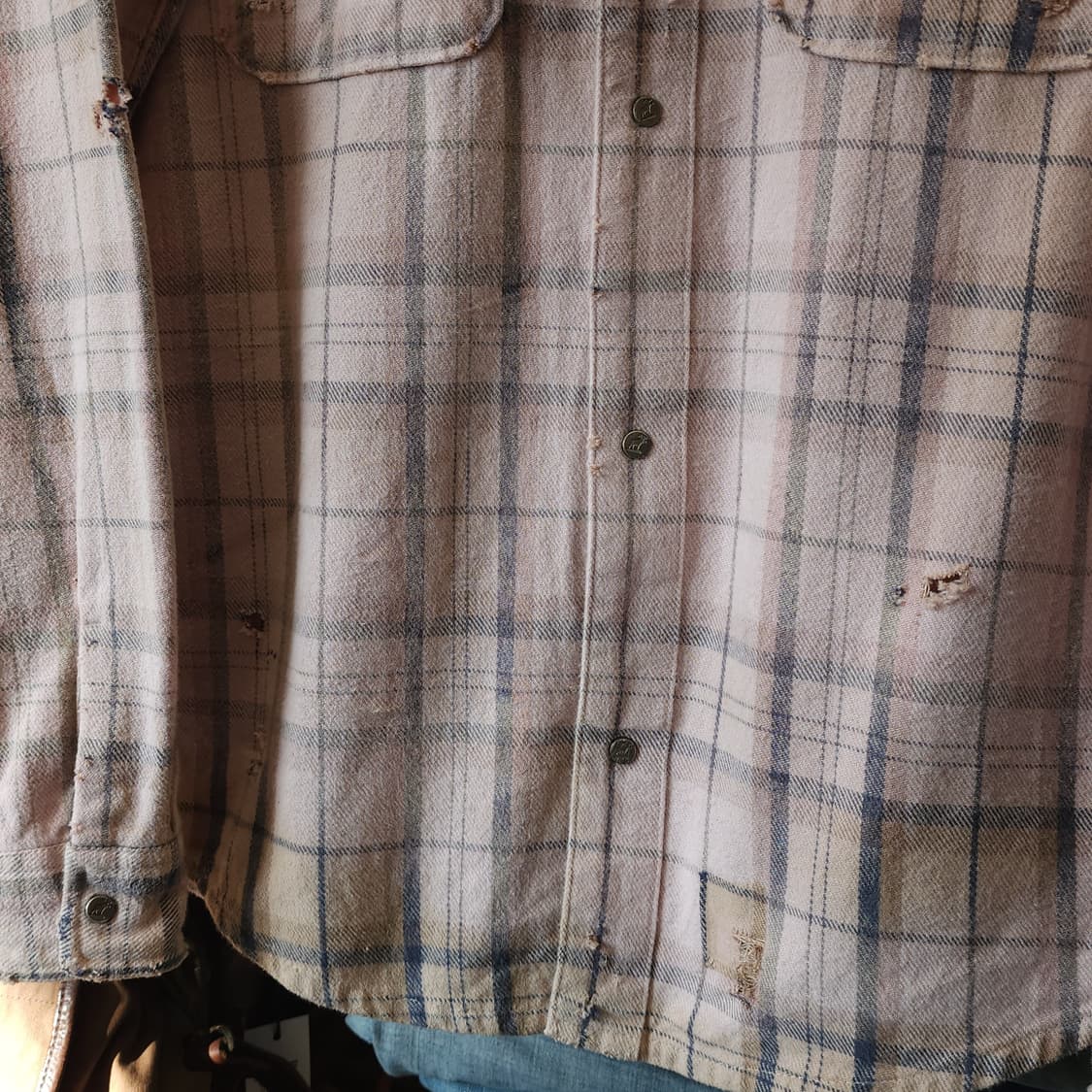 90s 빈티지 체크셔츠 헤비 플란넬 워크셔츠 썬페이딩 핑크 L 상품이미지7