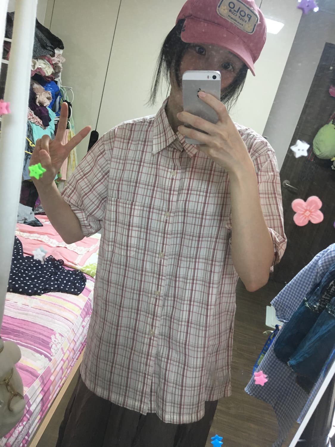 빈티지 레드핑크 체크셔츠 아메카지 모리걸 대학생코디룩 상품이미지1