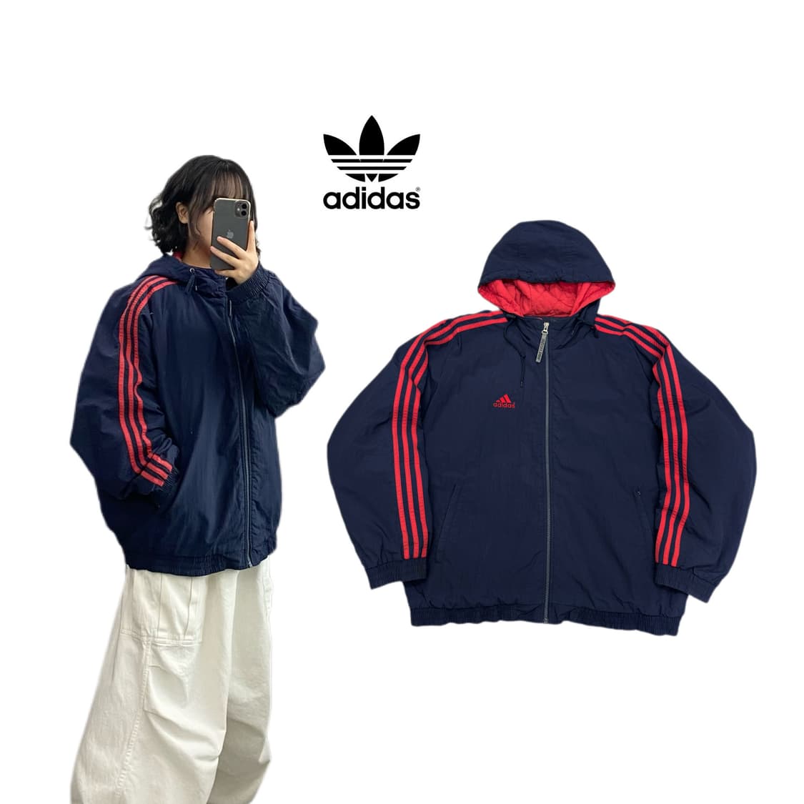 아디다스 00s 남빨 올드스쿨 삼선 오버핏 바람막이 점퍼 자켓 상품이미지1