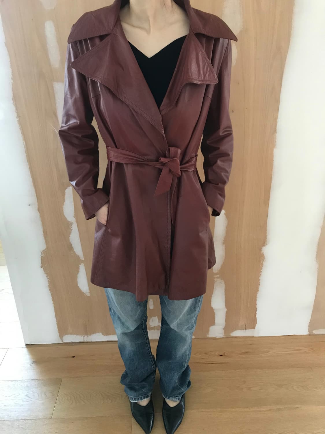 vintage burgundy belt leather jacket 상품이미지5