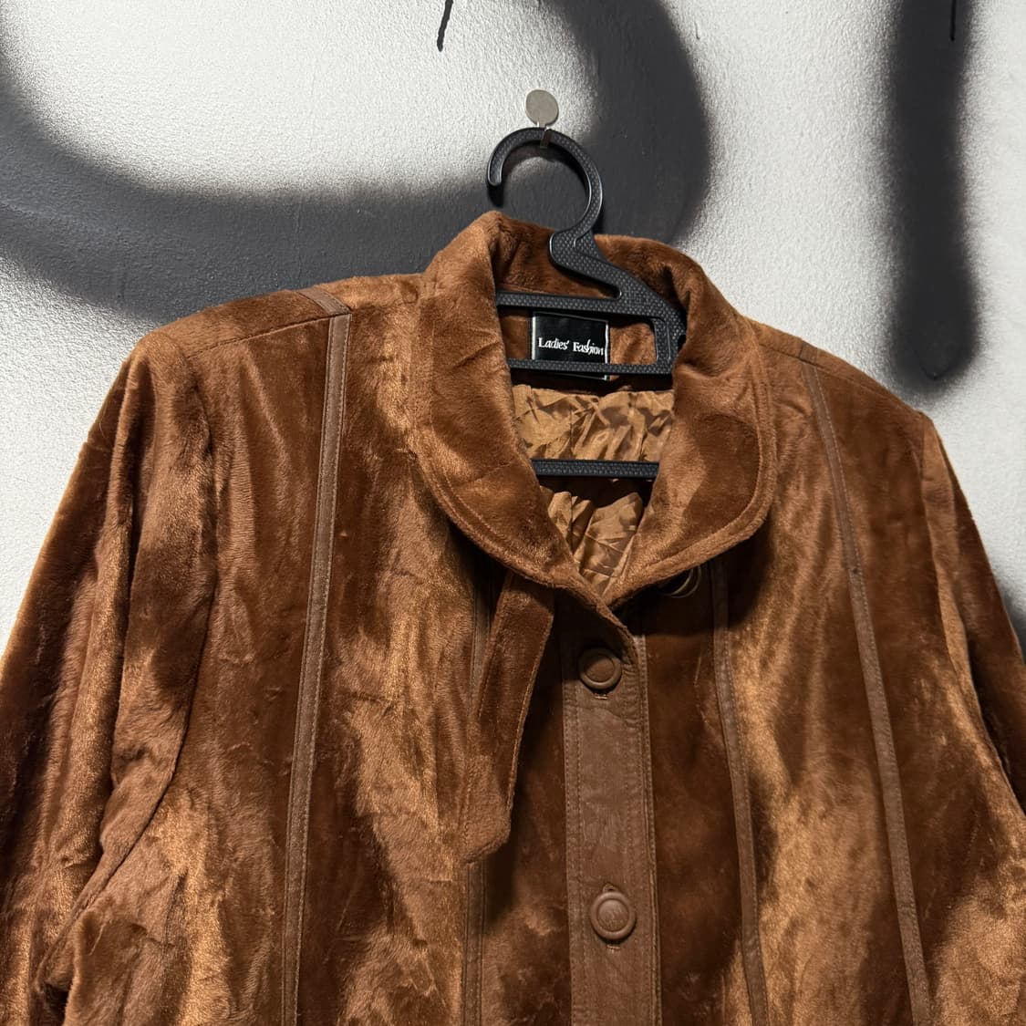 VTG 빈티지 가죽 배색 브라운 벨벳 롱 코트 상품이미지3