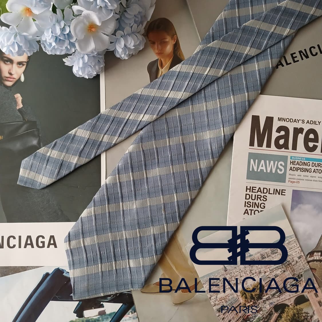 발렌시아가 블루 체크 넥타이 9.6cm A등급 A19740
 상품이미지2