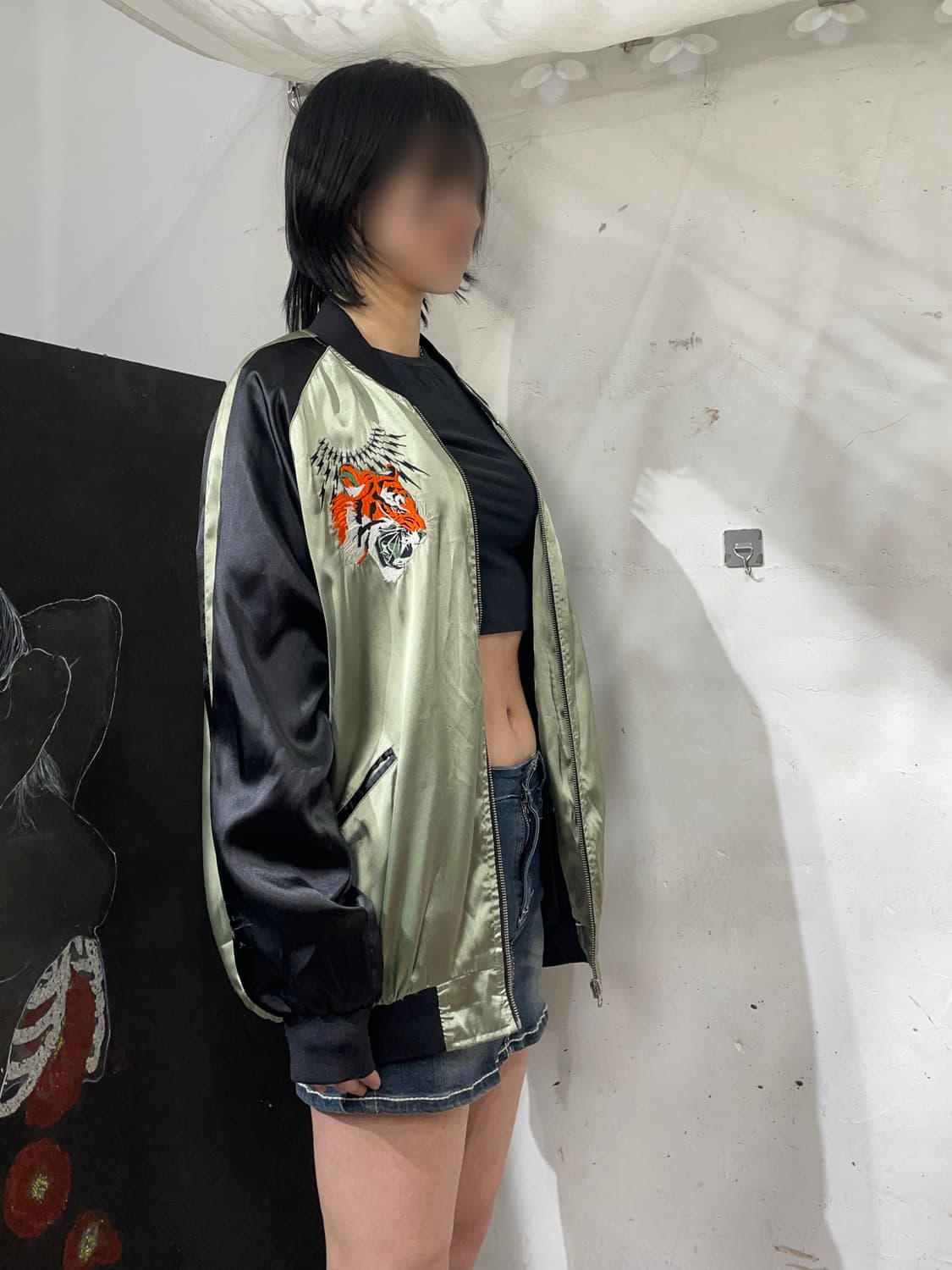 일본빈티지 사틴 호랑이 자수 스카잔 오리엔탈 스카쟌 3XL 상품이미지6