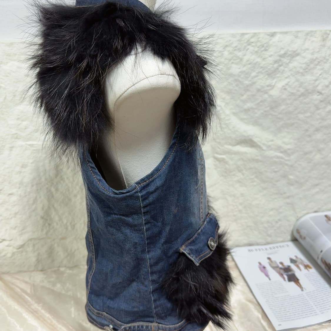 빈티지 이타리아 브랜드 라쿤퍼 데님 조끼 베스트 상품이미지3