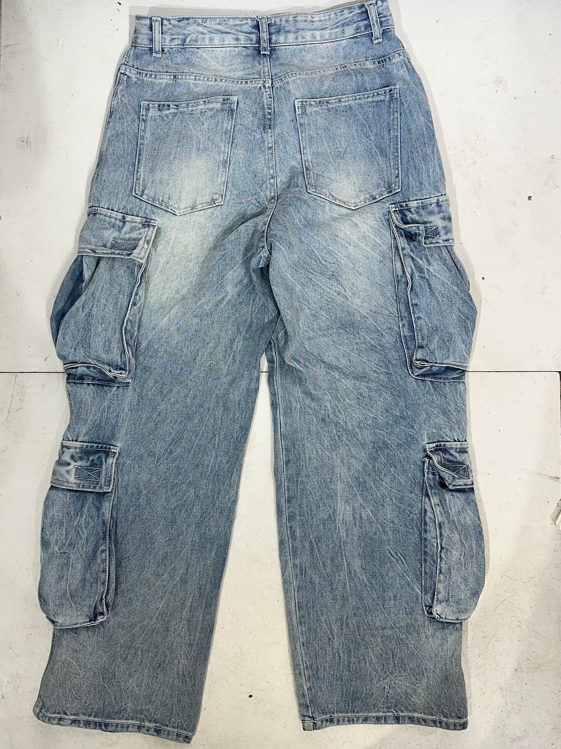 빈티지 연청 대대장 와이드 데님 카고 팬츠 멀티 포켓 캣워싱 청바지 M 상품이미지5