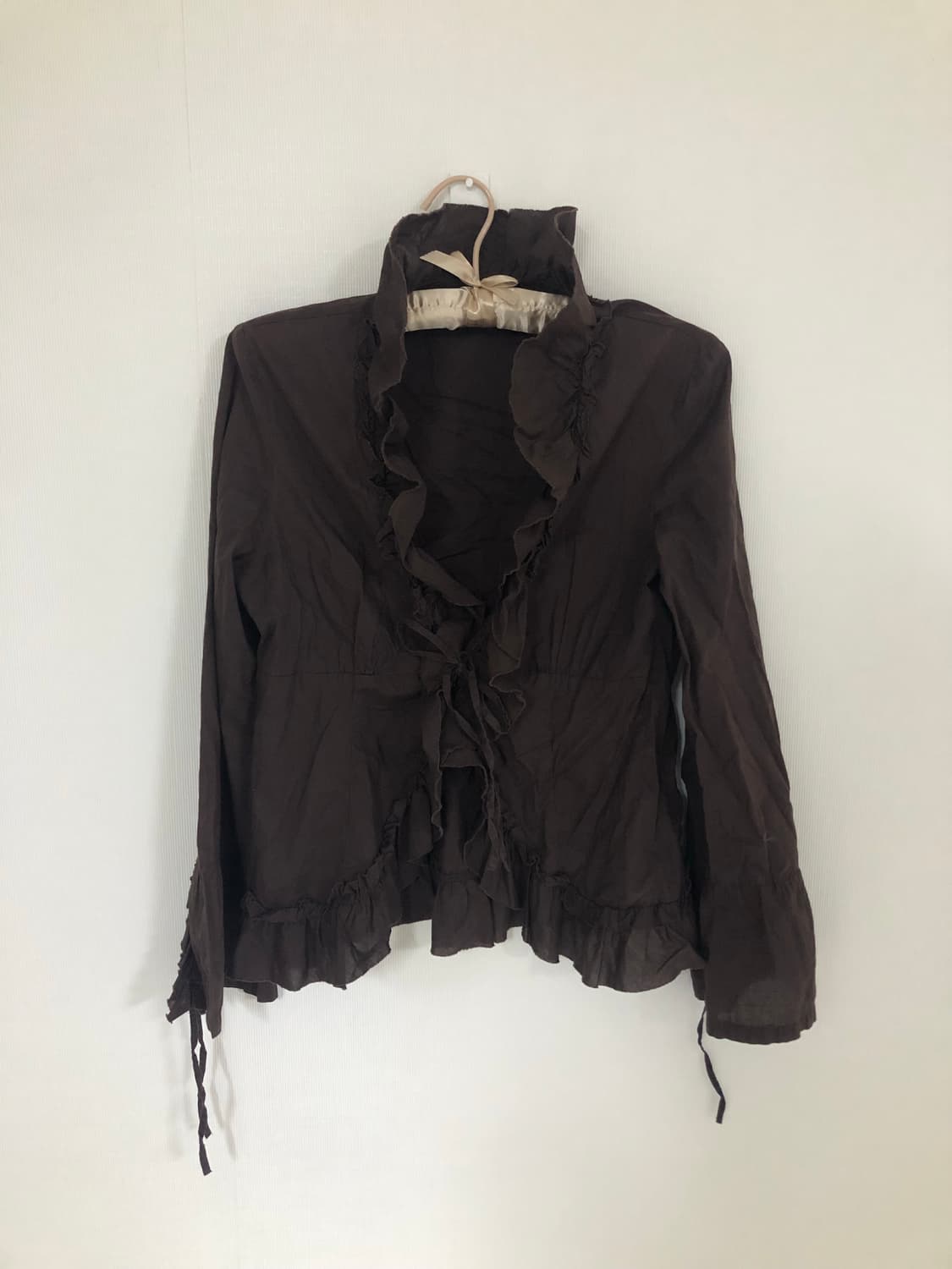 7부 주름 브라운 코튼 볼레로 블라우스 재킷 상품이미지1