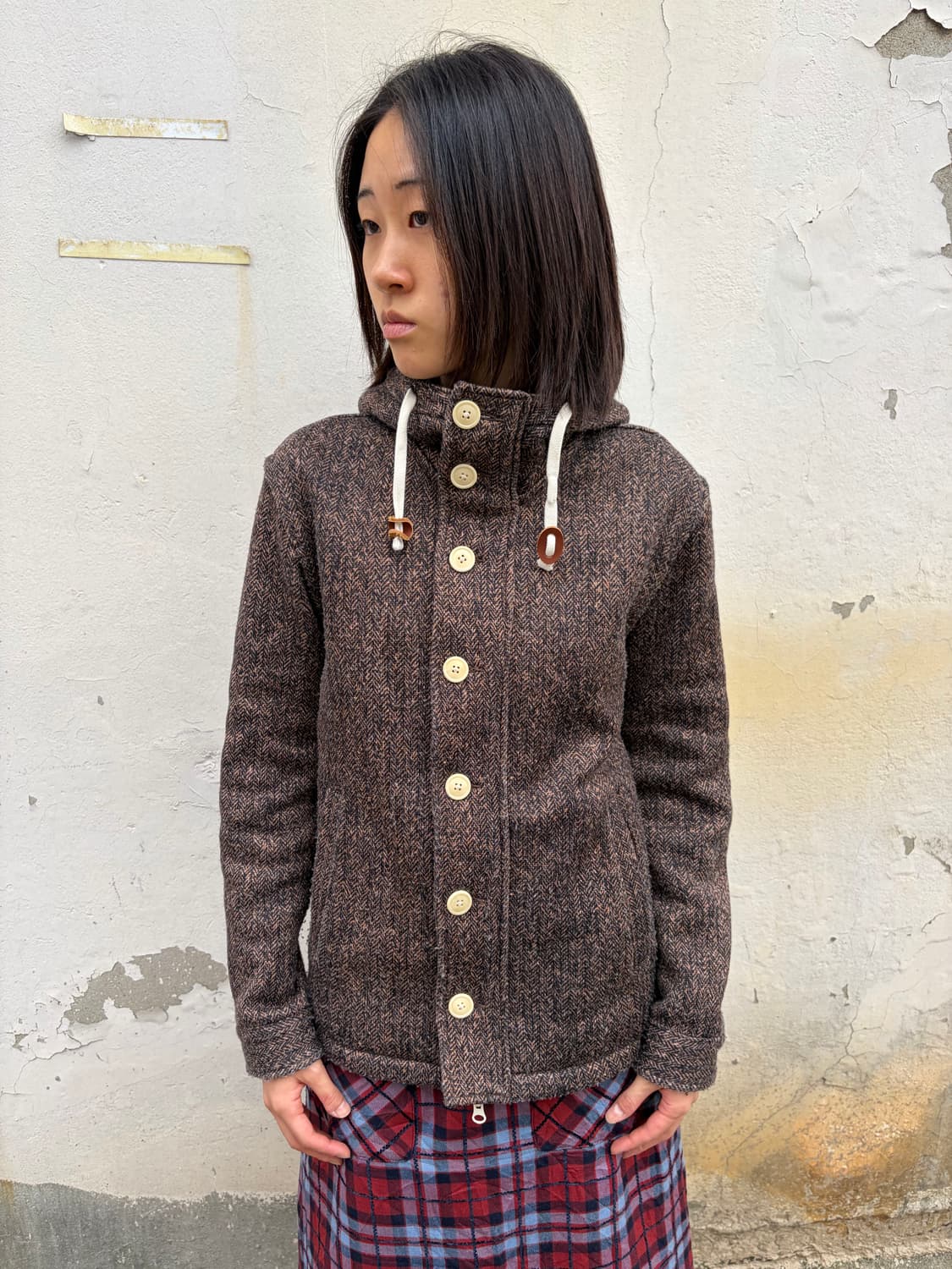 Beams 브라운 헤링본 플리스 후드 토글 자켓 S 상품이미지1