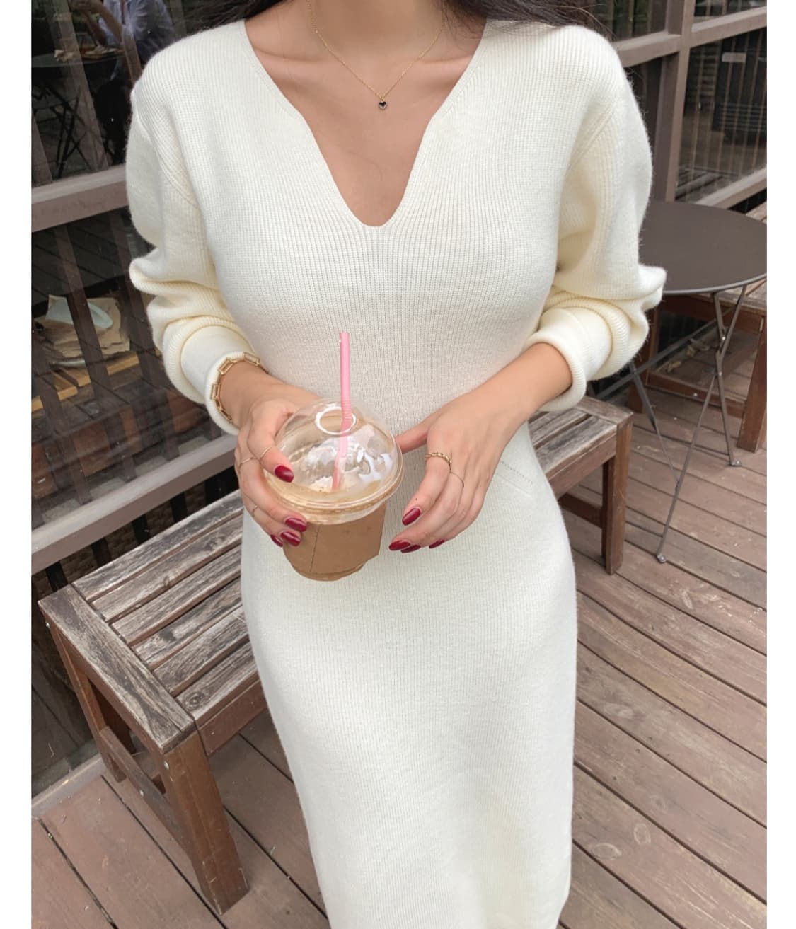 브이넥 니트 롱 원피스 상품이미지3