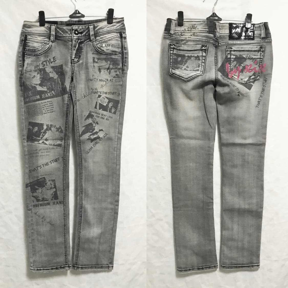 빈티지 펑크 나나깔 글리터 프린팅 로우라이즈 데님 팬츠 상품이미지1