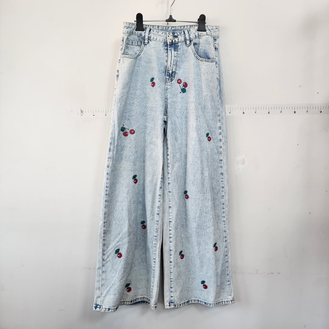 SHEIN 체리 자수 워싱 데님 와이드 팬츠 상품이미지1