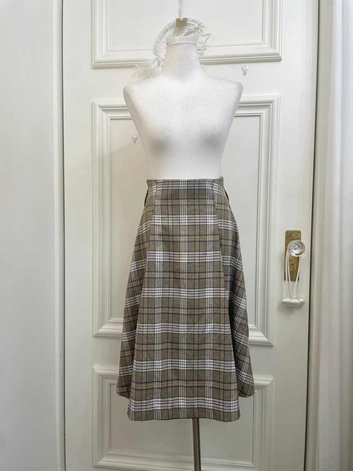 beige brown check pleats banding skirt 상품이미지1