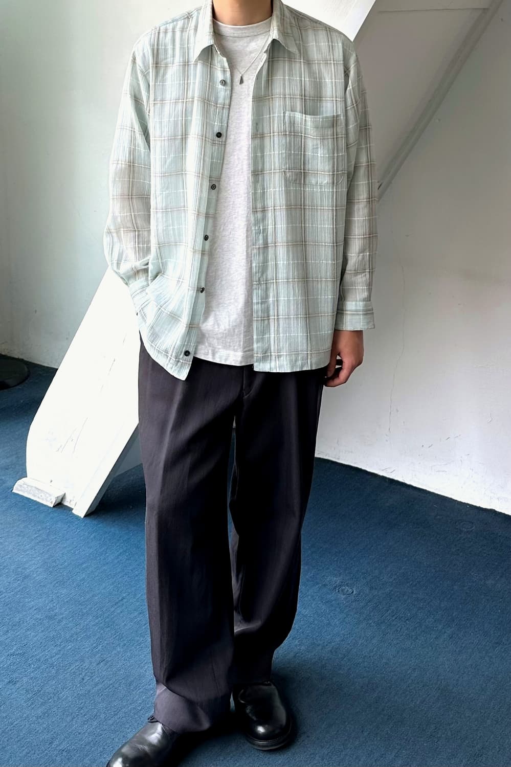 Light linen poly design sheer shirt 상품이미지2