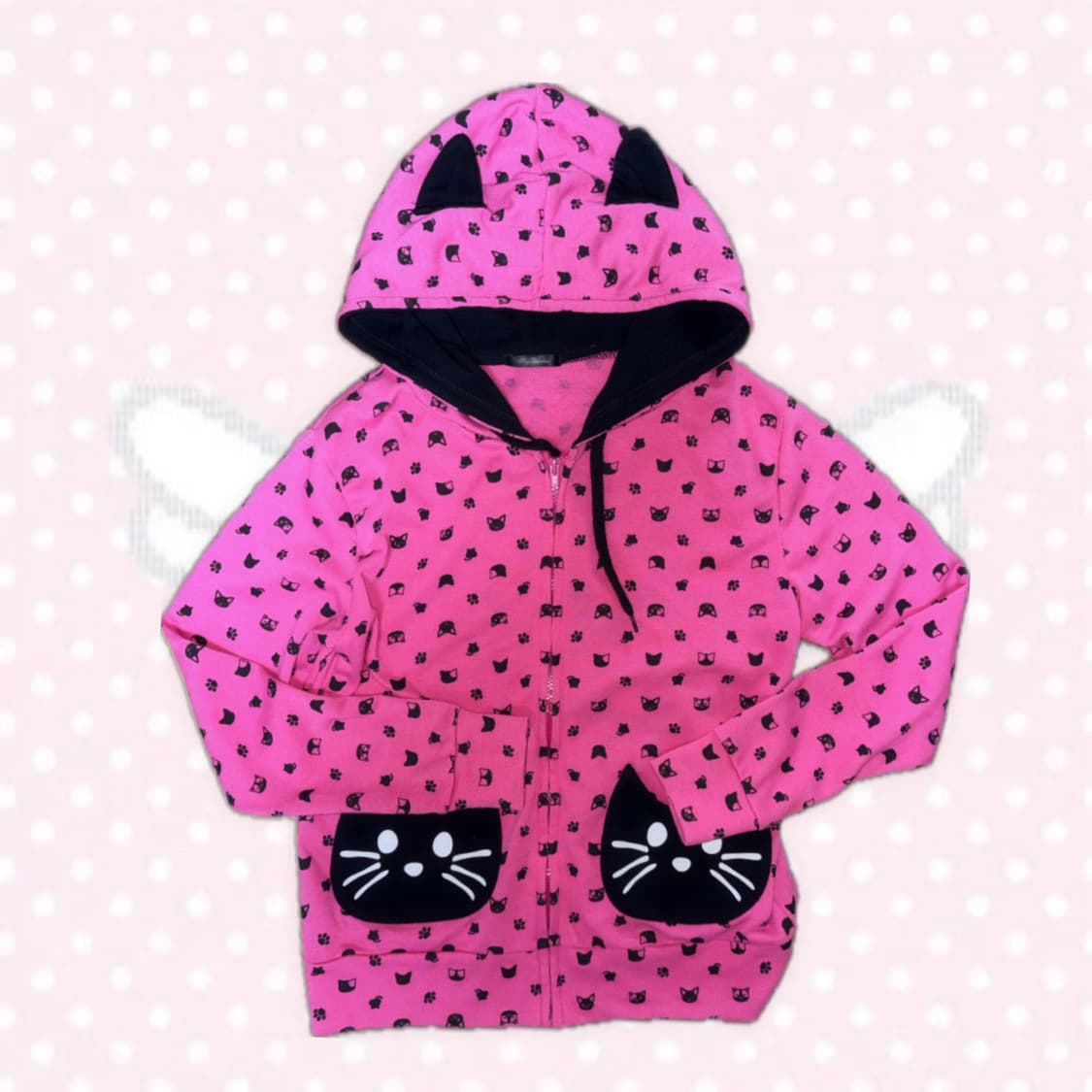 블랙&핫핑크 일본빈티지 네로 고양이귀 갸루 후드집업 상품이미지1